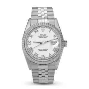Rolex Datejust 16220 Engine-Turned Bezel Watch 36mm White Roman Dial