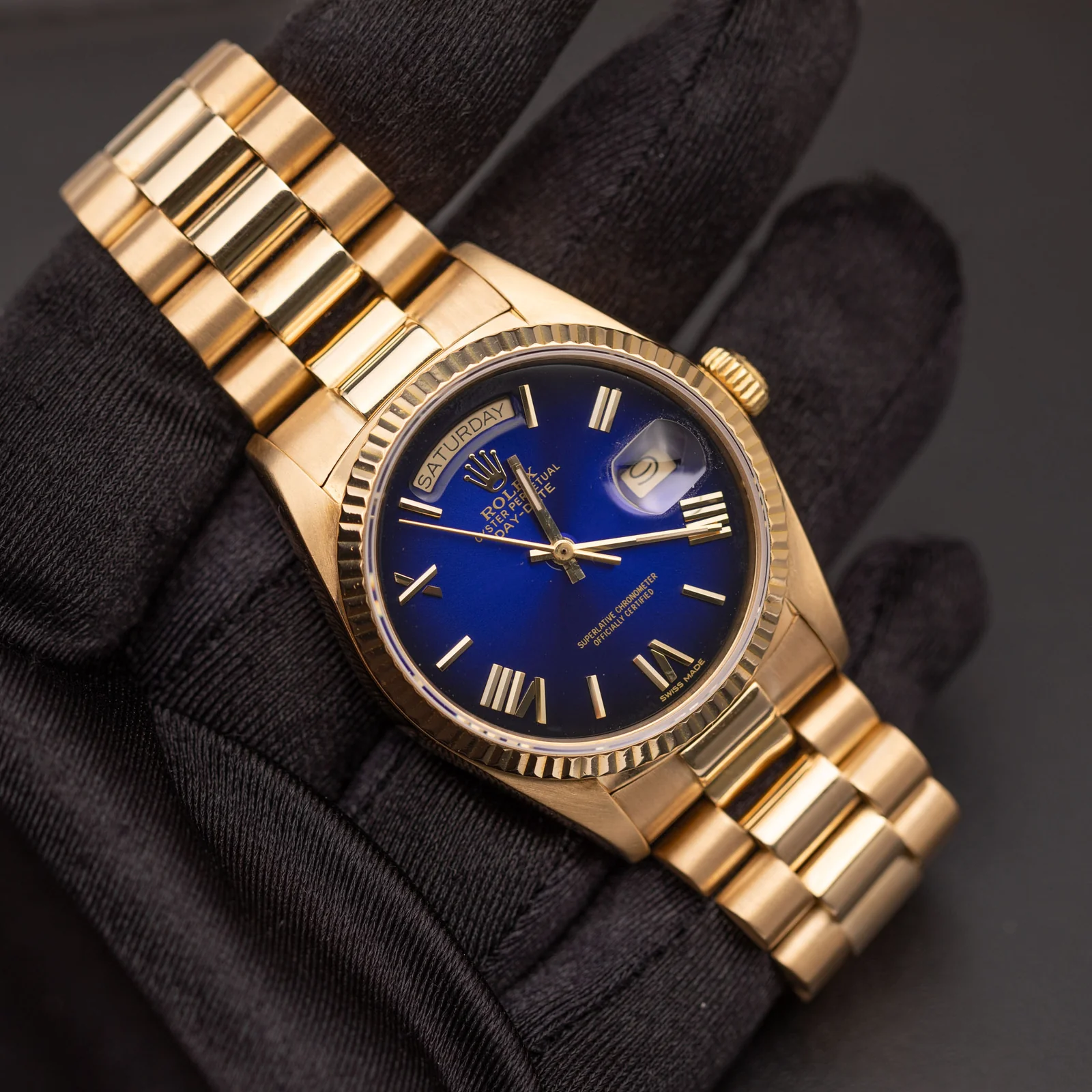 Presidential Rolex Day-Date 18238 Fluted Bezel Watch 36mm Midnight Blue Dial 18K Yellow Gold - Image 2