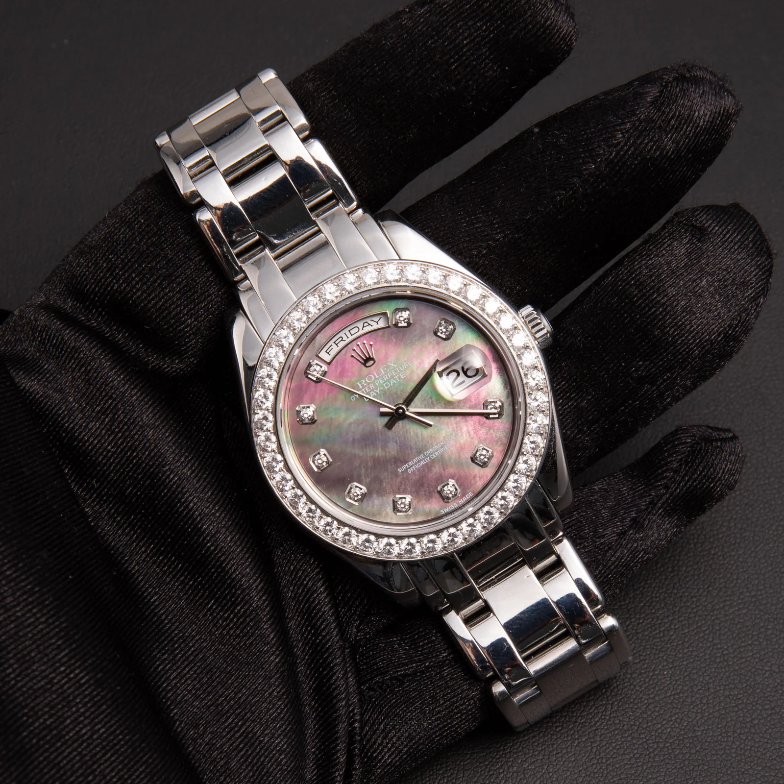 Rolex Platinum Day-Date 18946 Watch 39mm Diamond Bezel Black Mother of Pearl Serti Dial - Image 2
