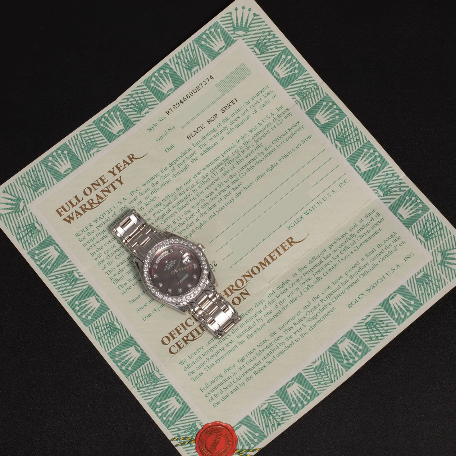 Rolex Platinum Day-Date 18946 Watch 39mm Diamond Bezel Black Mother of Pearl Serti Dial - Image 7