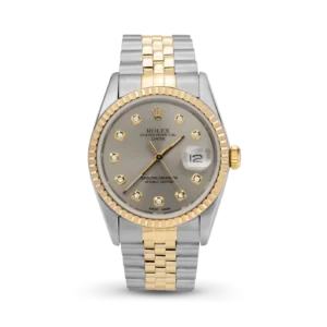 Rolex Date 15053 Engine-Turned Bezel Watch 34mm Silver Diamond Dial