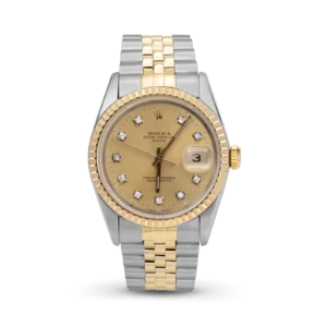 Rolex Date 15223 Engine-Turned Bezel Watch 34mm Champagne Diamond Dial
