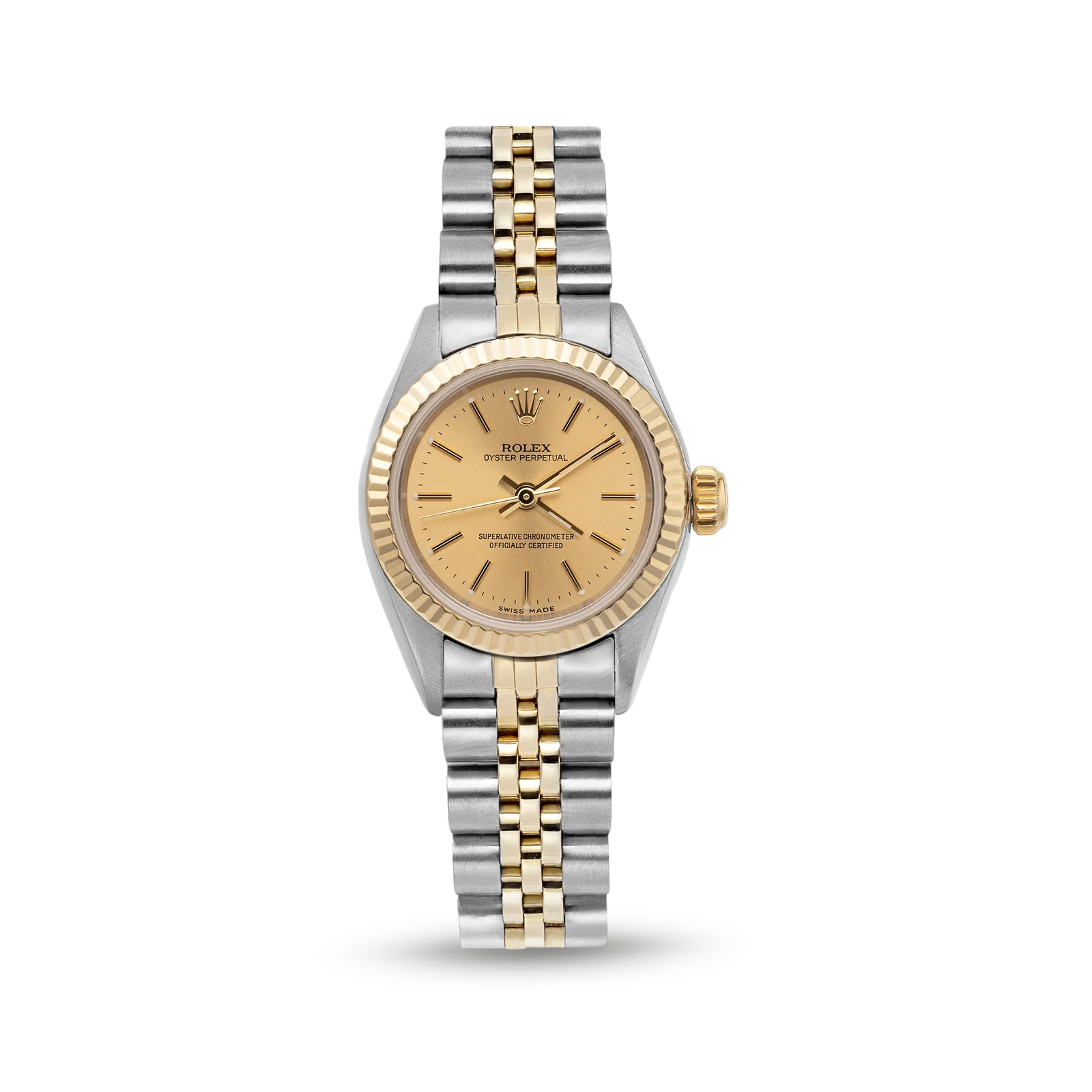 Rolex Oyster Perpetual 76193 Fluted Bezel Watch 24mm Champagne Index Dial