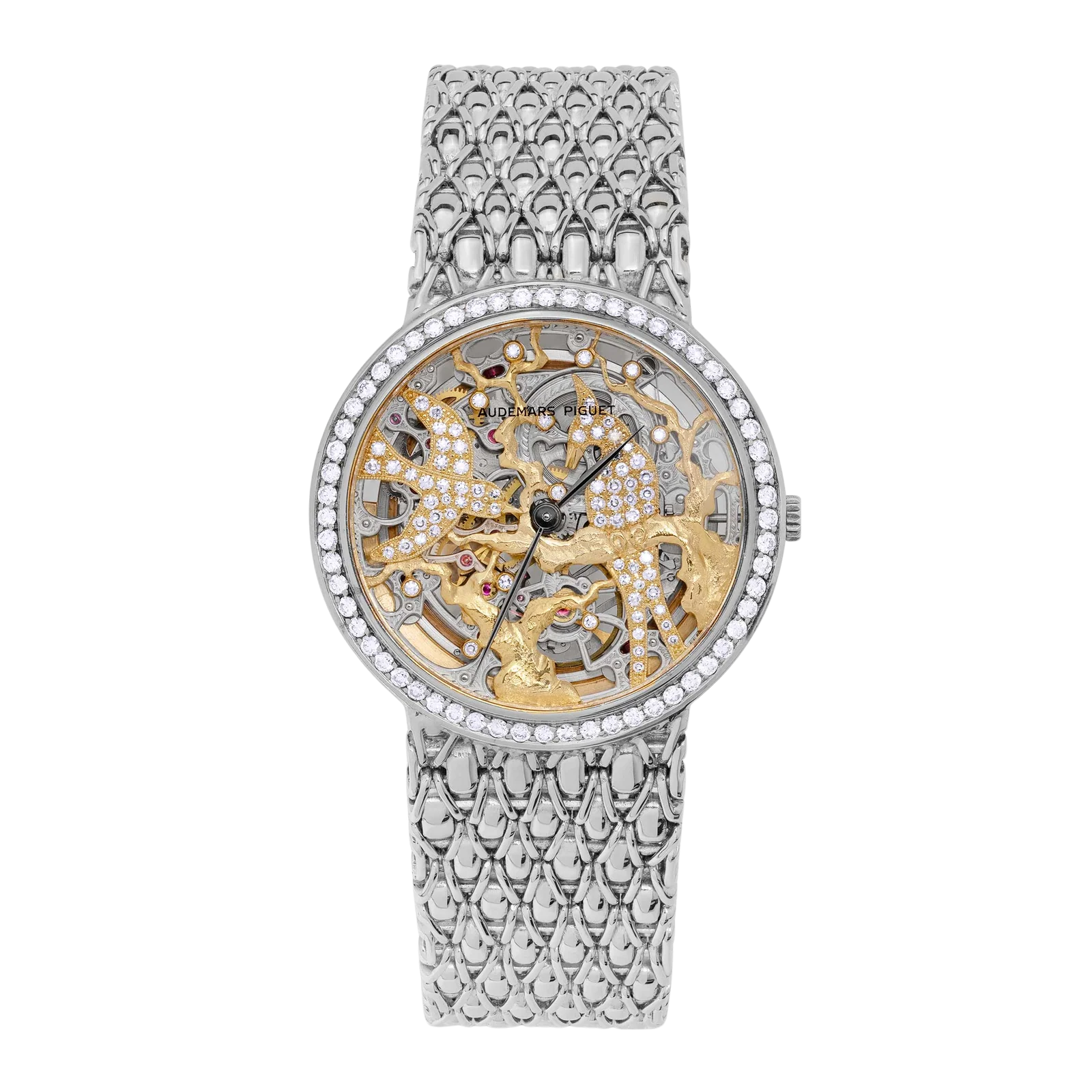 Audemars Piguet Vintage 33mm Skeletonized Diamond Birds Watch 18K White Gold