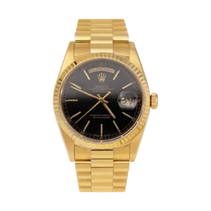 Presidential Rolex Day-Date 18038 Fluted Bezel Watch 36mm Black Dial Yellow Gold