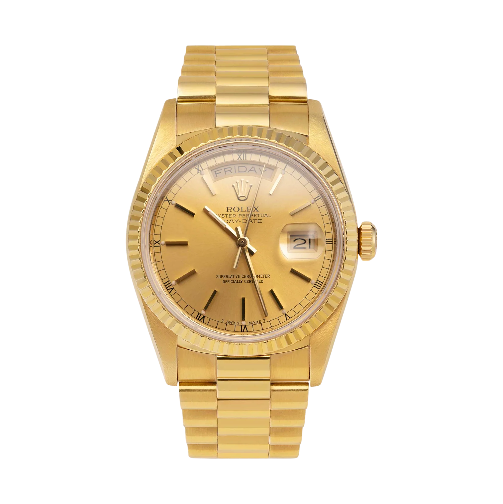Presidential Rolex Day-Date 18038 Fluted Bezel Watch 36mm Champagne Dial 18K Gold