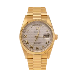 Presidential Rolex Day-Date 18238 Fluted Bezel Watch 36mm Ivory Pyramid Dial 18K Yellow Gold