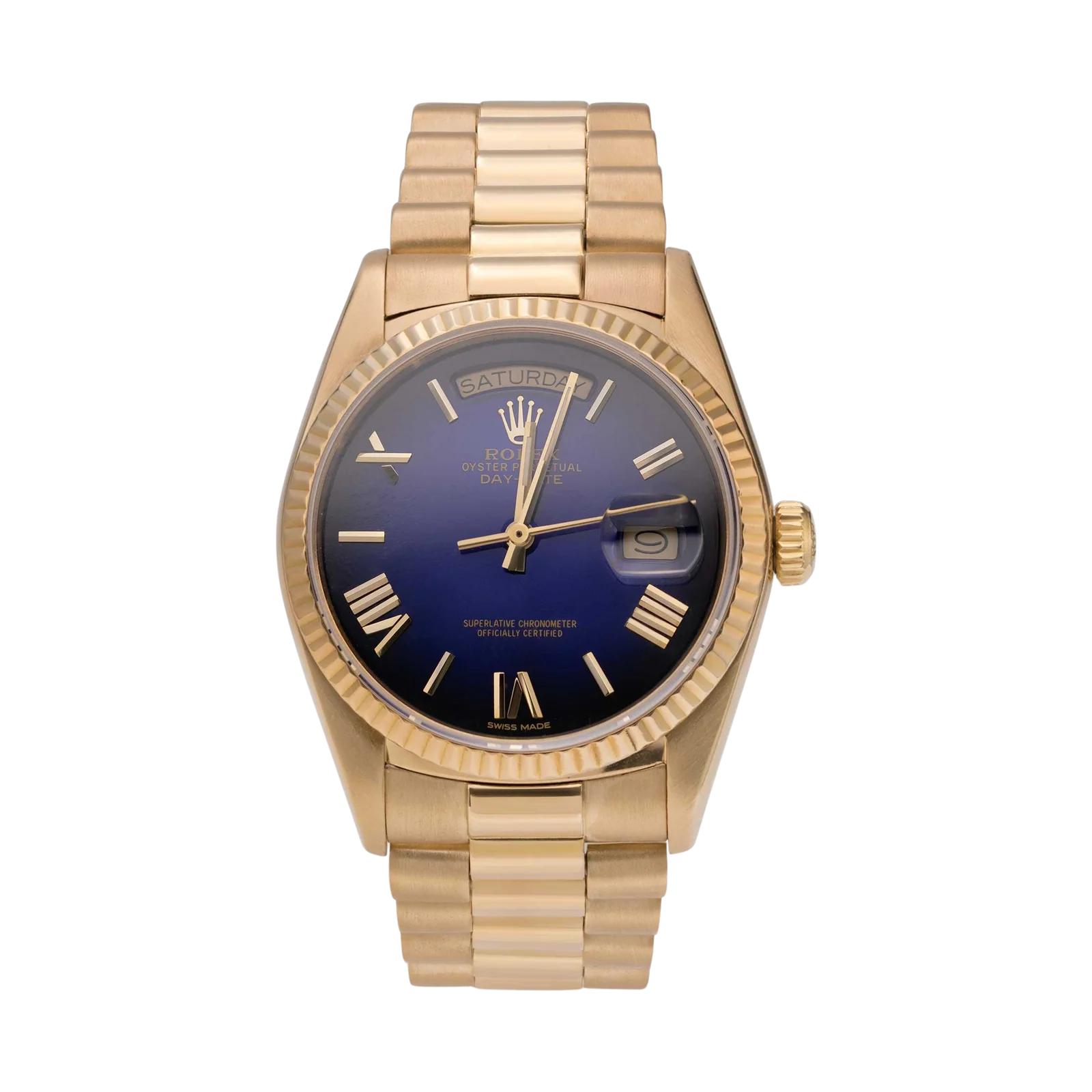 Presidential Rolex Day-Date 18238 Fluted Bezel Watch 36mm Midnight Blue Dial 18K Yellow Gold