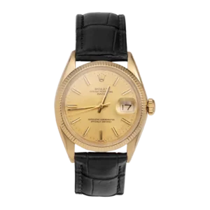 Rolex Date 1500 Black Leather Strap Watch 34mm 14K Yellow Gold Champagne Dial