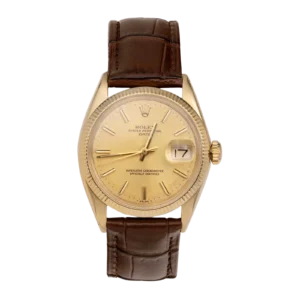 Rolex Date 1500 Leather Strap Watch 34mm Champagne Dial 14K Yellow Gold