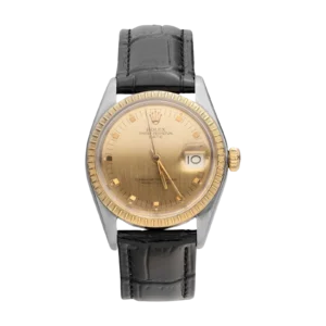 Rolex Date 1505 Leather Strap Engine-Turned Bezel Watch 34mm Champagne Dial