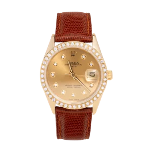 Rolex Date Brown Leather Strap Watch 34mm 14K Yellow Gold Champagne Dial