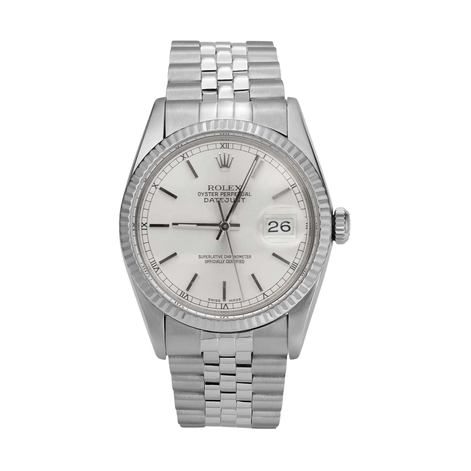 Rolex Datejust 16014 Fluted Bezel Watch 36mm Silver Index Roman Dial