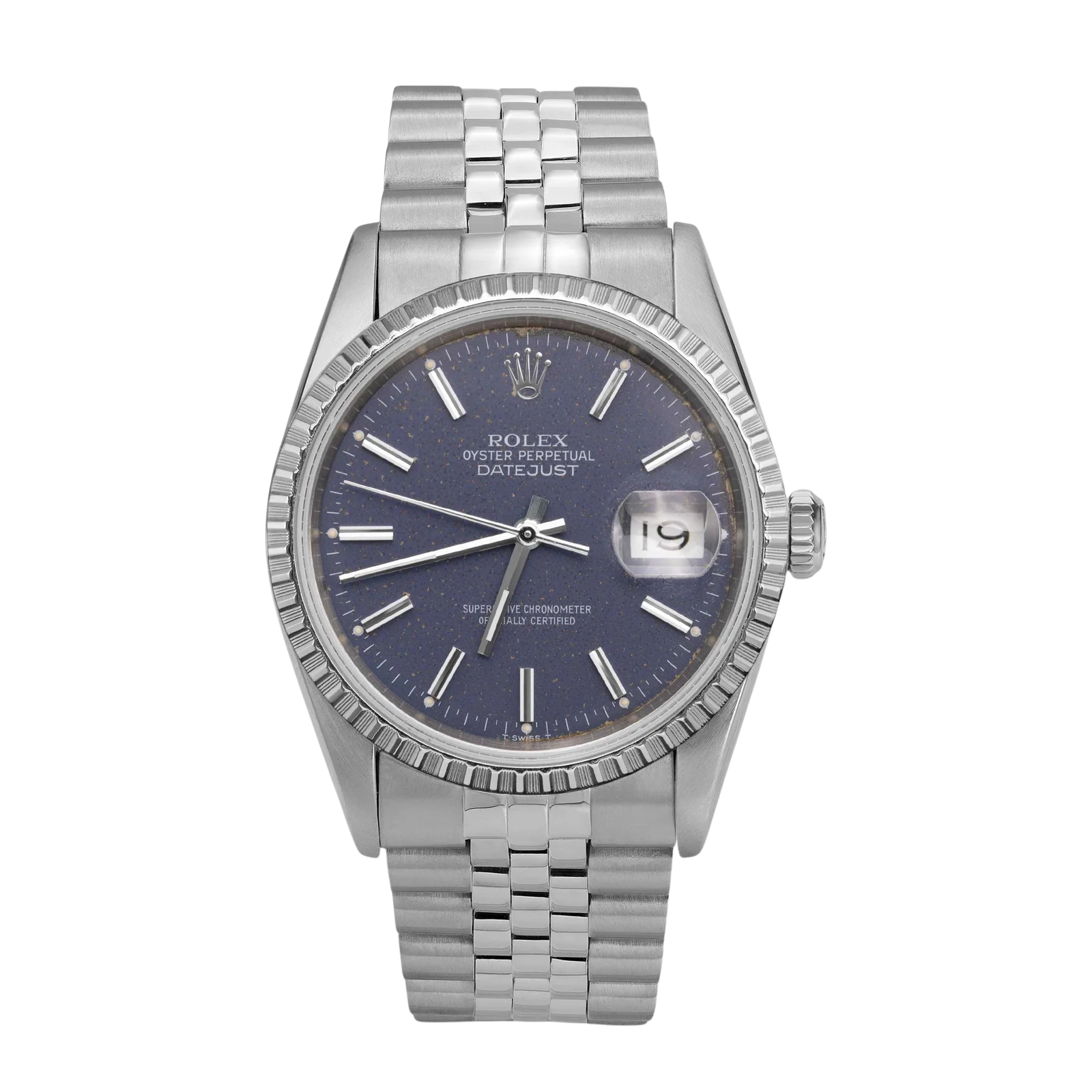 Rolex Datejust 16220 Engine-Turned Bezel Watch 36mm Blue Index Dial