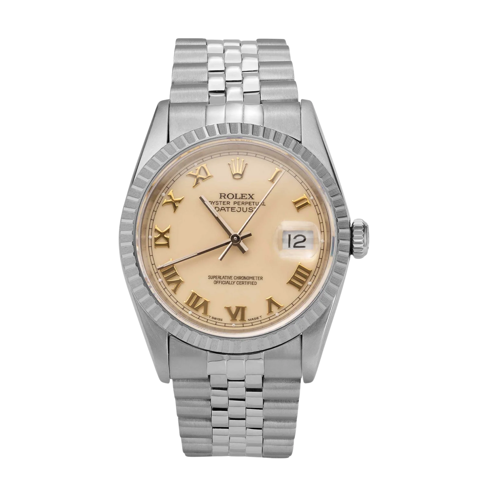 Rolex Datejust 16220 Engine-Turned Bezel Watch 36mm Ivory Dial