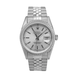 Rolex Datejust 16220 Engine-Turned Bezel Watch 36mm Silver Index Dial