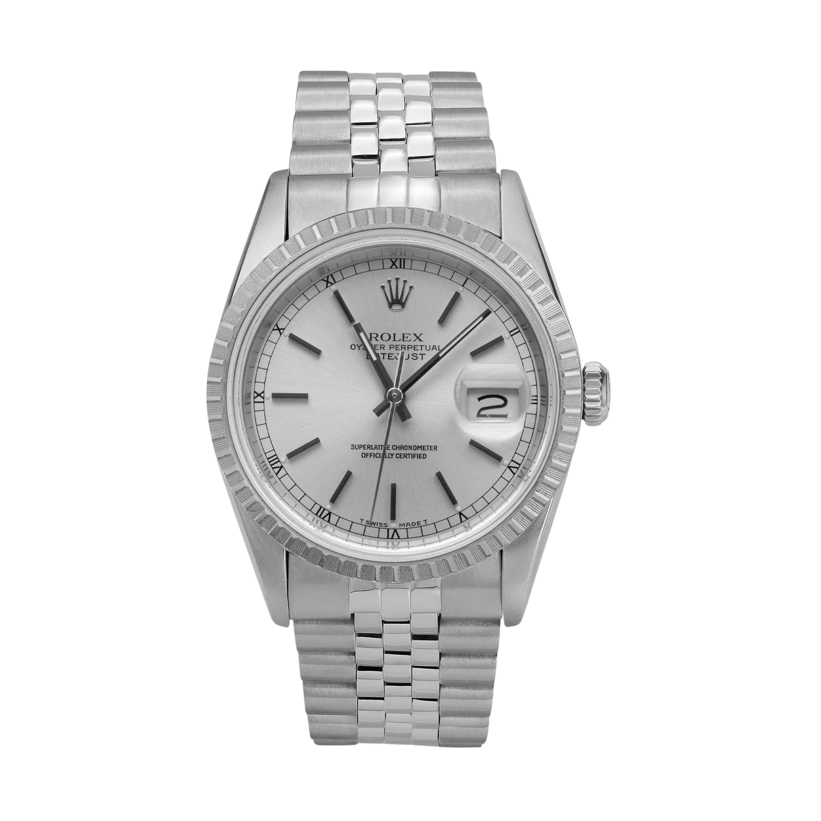 Rolex Datejust 16220 Engine-Turned Bezel Watch 36mm Silver Index Dial