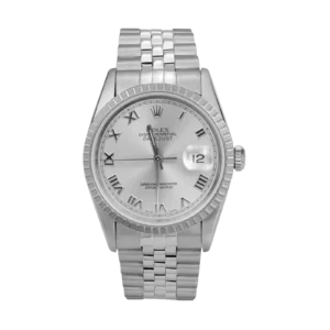 Rolex Datejust 16220 Engine-Turned Bezel Watch 36mm Silver Roman Dial