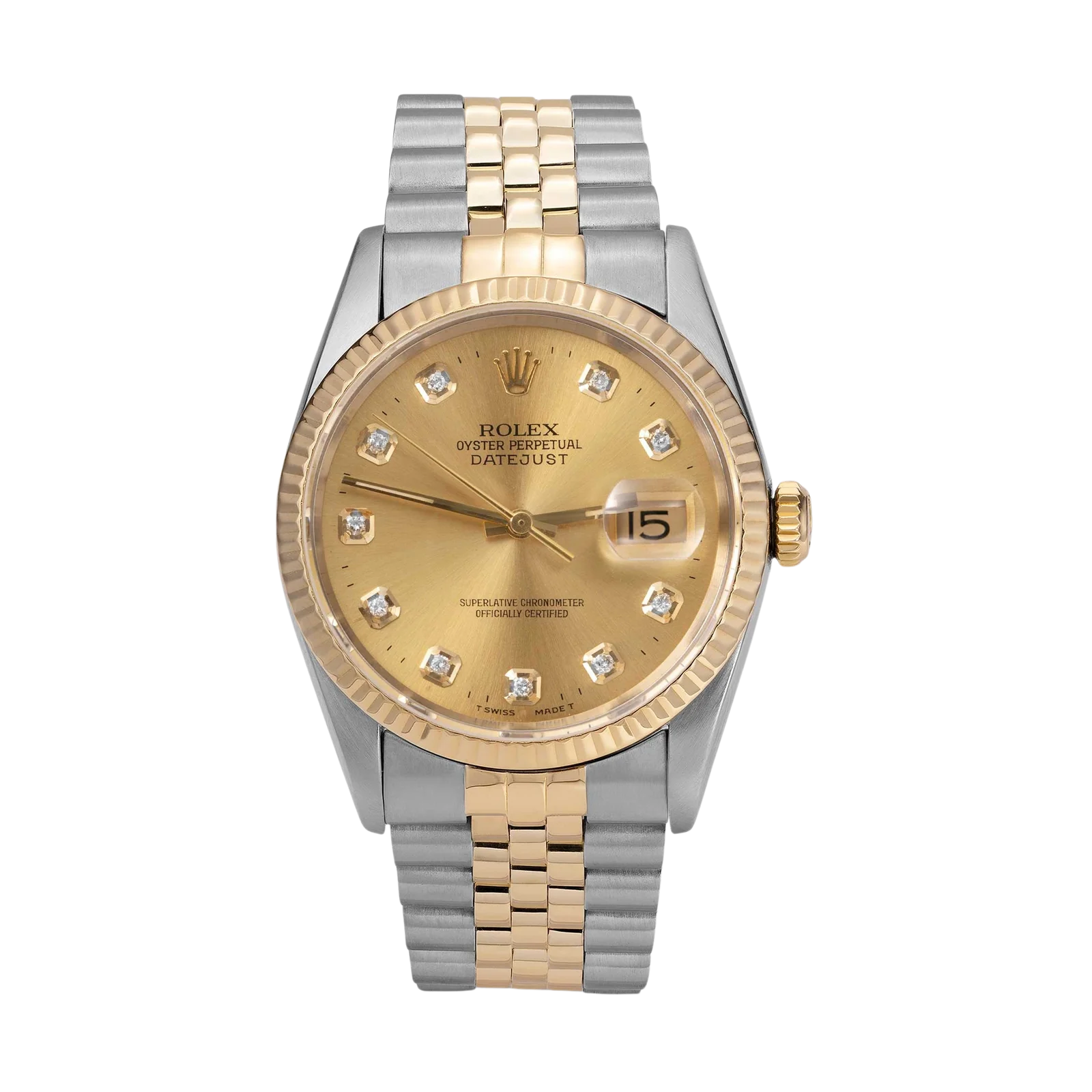 Rolex Datejust 16233 Fluted Bezel Watch 36mm Champagne Diamond Dial