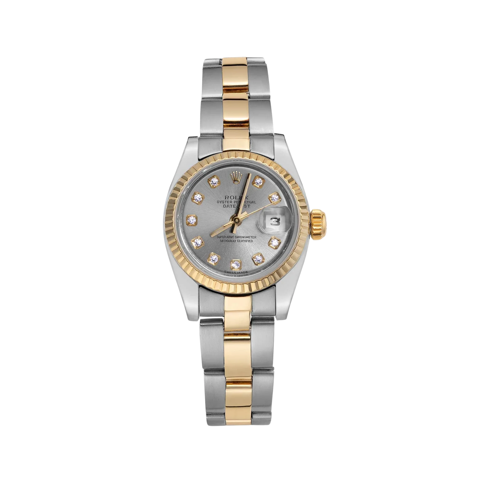 Rolex Datejust 179173 Fluted Bezel Watch 26mm Silver Diamond Dial