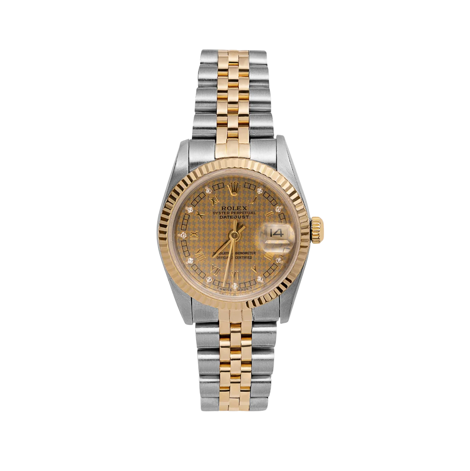 Rolex Datejust 69173 Fluted Bezel Watch 26mm Houndstooth Champagne Dial