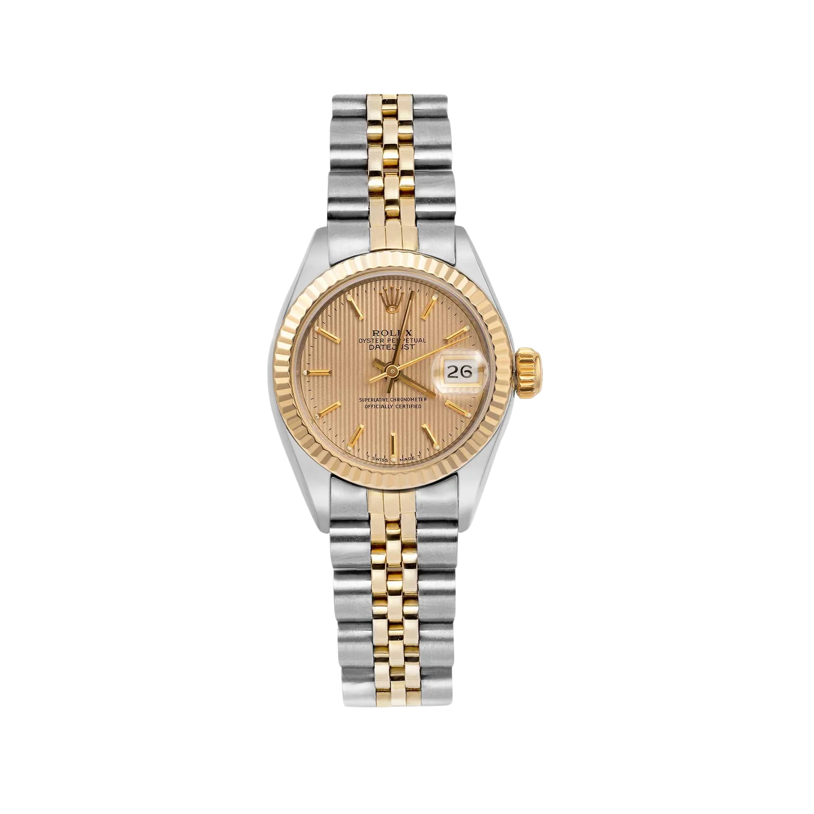 Rolex Datejust 79173 Fluted Bezel Watch 26mm Champagne Tapestry Dial