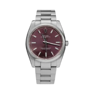Rolex Oyster Perpetual 114200 Smooth Bezel Watch 34mm Red Grape Dial