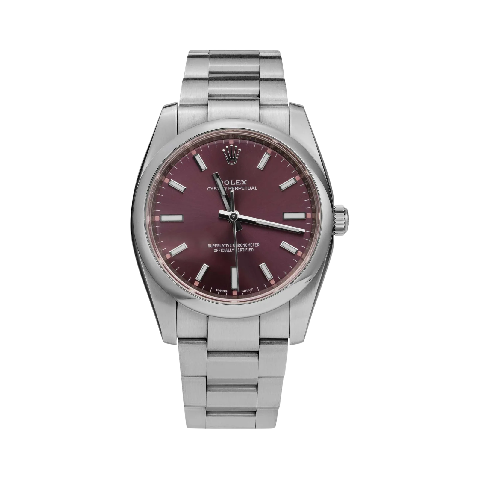 Rolex Oyster Perpetual 114200 Smooth Bezel Watch 34mm Red Grape Dial