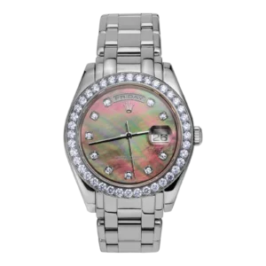 Rolex Platinum Day-Date 18946 Watch 39mm Diamond Bezel Black Mother of Pearl Serti Dial