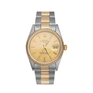Women's Rolex Date 15053 Engine-Turned Bezel Watch 34mm Champagne Index Dial